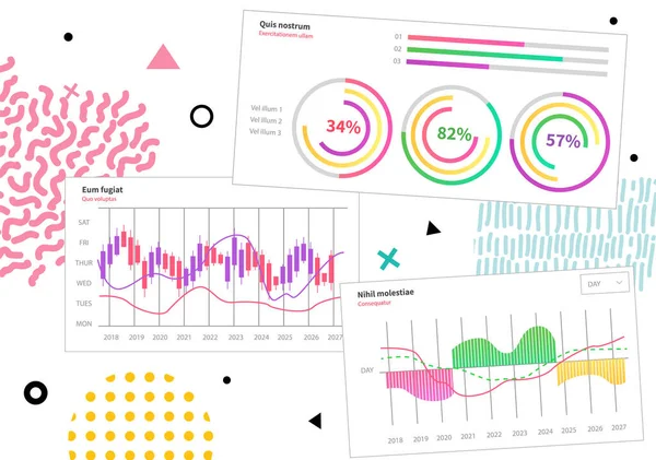 Diagramas de mercado. Visualização e análise da informação gráfica. Indicadores e dados estatísticos — Vetor de Stock