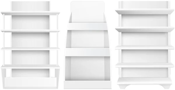 Estantes blancos de supermercados vacíos aislados en la ilustración del vector de fondo blanco — Archivo Imágenes Vectoriales