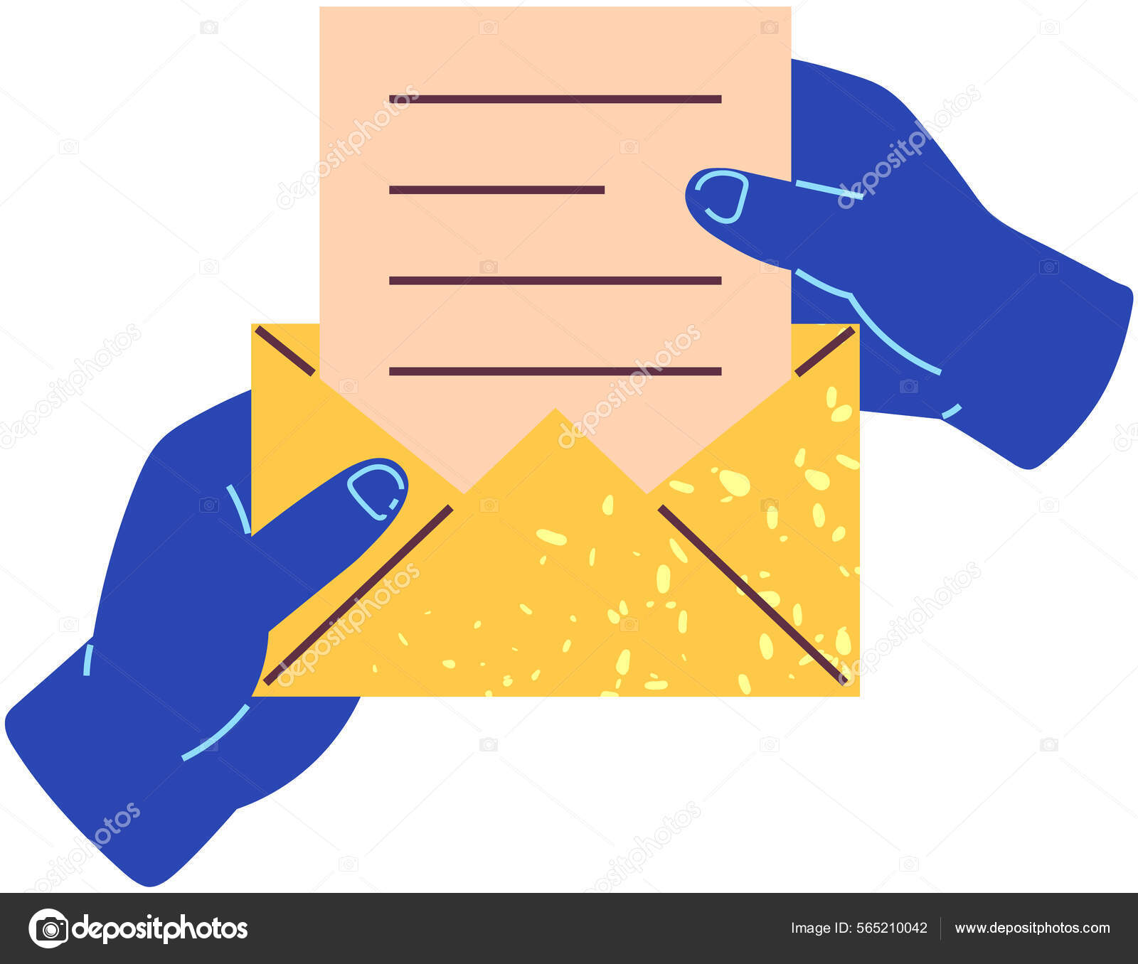 人读信，写作。带有书面信息的邮政项目。手从信封中抽出一张纸图库矢量图©robuart 565210042