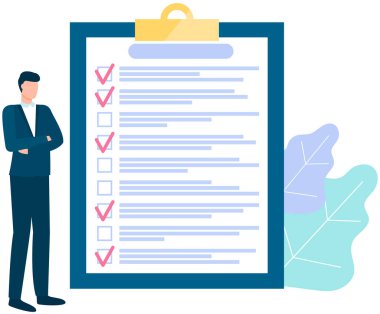 Ay çizelgesi, yapılacaklar listesi, zaman yönetimi. İşadamı kontrol ve planlama listesinin yanında duruyor