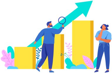 Bar çizelgesiyle büyüteç kullanan insanlar. Veri analizi iş istatistik bilgi kavramı