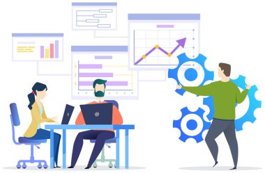 Çalışanlar istatistiksel göstergeleri, iş verilerini analiz ederler. Karakterler pazarlama araştırmalarıyla çalışır