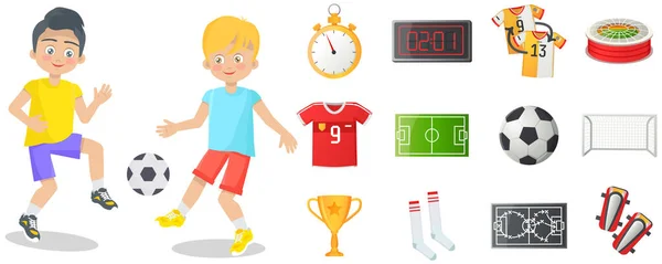 Jongen voetbalspeler. Kids toekomstige droom professionele sportieve carrière met voetbal attributen — Stockvector