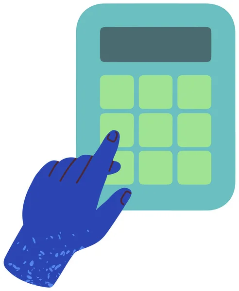 Businessman, accountant working with device to count. Hands hold calculator with buttons and display — ストックベクタ