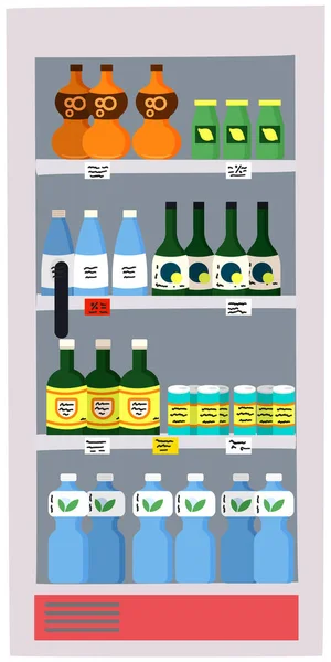 Cooling equipment for supermarket, grocery store. Showcase refrigerator for cool drinks in bottles — Stock Vector