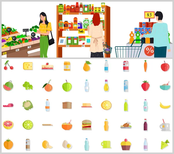 People make purchases, choose goods, buy products in shop near healthy food, drinks icons — Stock Vector