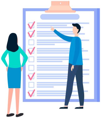 Erkek ve kadın listeyi hazırlamak ve programı tartışmak için yakın dururlar. İnsanlar kontrol listesi planlama ile çalışırlar