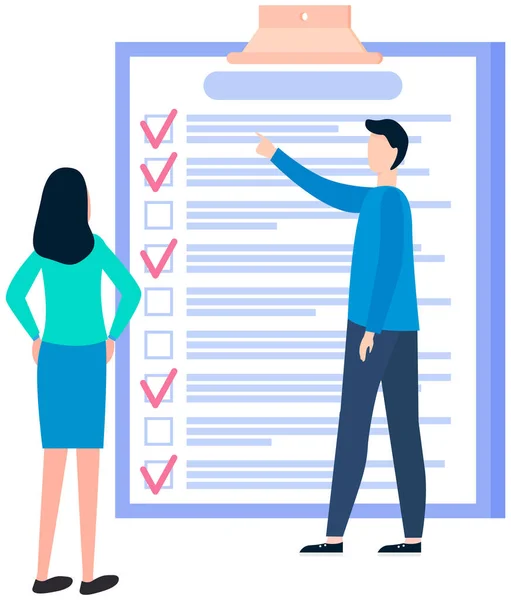 Man and woman stand near to do list and discuss schedule. People work with checklist planning — Stock Vector