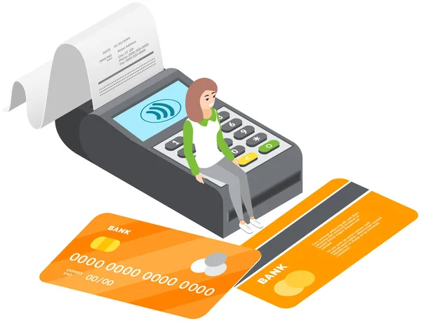 Kassenterminal mit Scheck- und Kreditkarten für kontaktloses Bezahlen. Lady führt Kaufprozess durch — Stockvektor