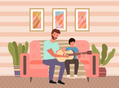 Baba oğluna gitar çalmayı öğretiyor. Mutlu ebeveyn ve çocuk evde müzik yapıyor.