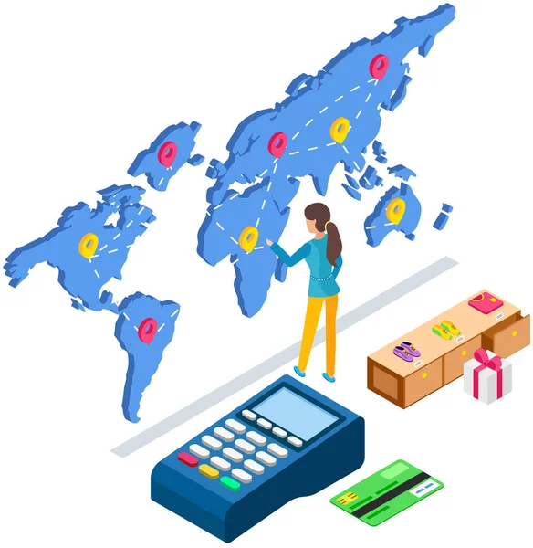 Frau analysiert weltweite Lieferkarte in der Nähe von POS-Terminal für Bezahlung und Stand mit Store-Produkten — Stockvektor