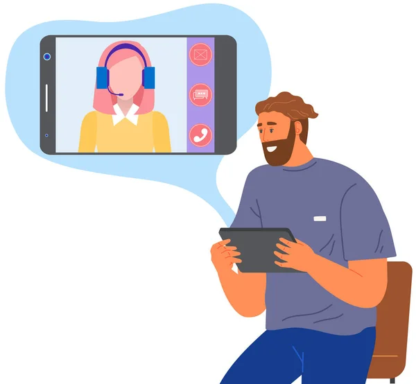 男は仮想通信のためのアプリでスマートフォンを見ています。男はビデオ通話で女性と話す — ストックベクタ