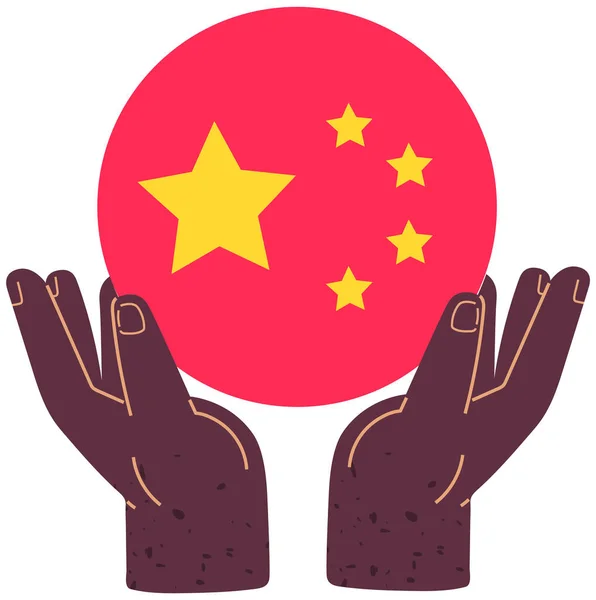 Nationales Zeichen der Nation in Ostasien. Hände halten runde Flaggen aus Porzellan. Traditionelles Symbol des Landes — Stockvektor