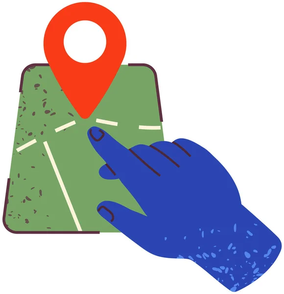 Nawigacja GPS, śledzenie interfejsu aplikacji. Ludzka ręka wskazuje na mapę dróg i ulic z oznaczeniem — Wektor stockowy