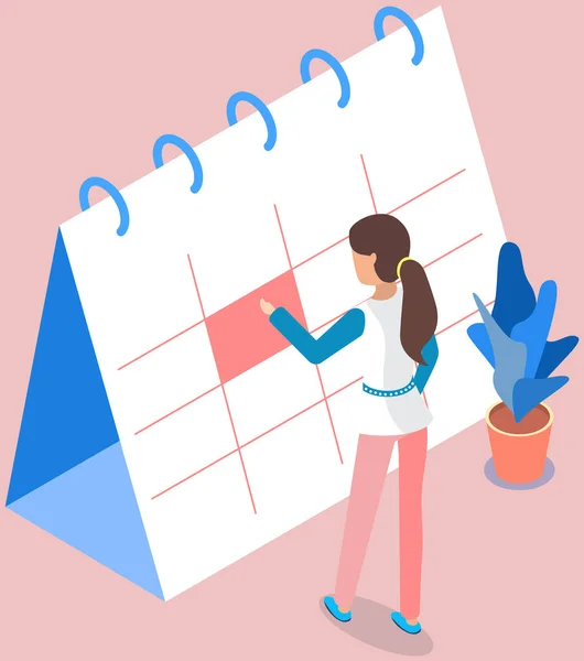 Donna d'affari si trova vicino a fare la lista e la pianificazione. Programmazione mensile, gestione del tempo, checklist — Vettoriale Stock