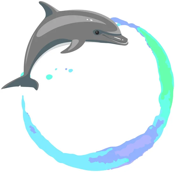 Дельфін на барвистому фоні. Морський ссавець у стрибку біля акварельної плями, бризки та краплі — стоковий вектор