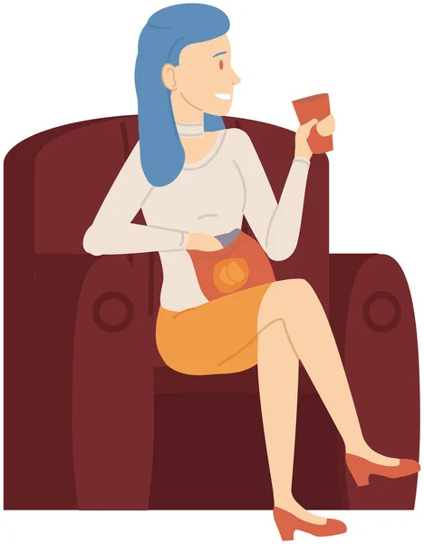 年轻女人一个人呆在家里。女孩坐在扶手椅上，喝着酒，吃着东西 — 图库矢量图片