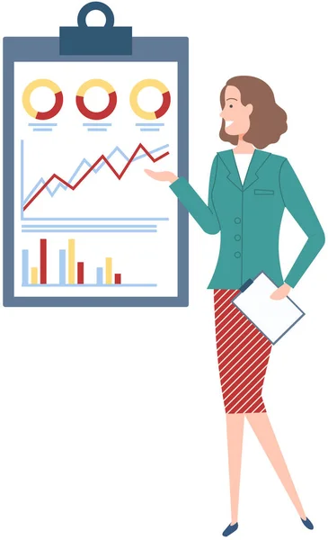 Mujer analiza informe digital con estadísticas. Indicadores estadísticos y datos del diagrama — Archivo Imágenes Vectoriales