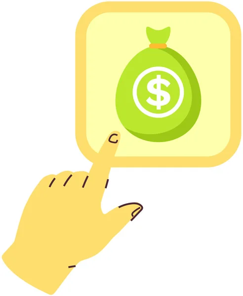 Hand wijst naar geldzak pictogram. Zak bankbiljetten en gouden munten. Investeringen, betalingstekenen — Stockvector