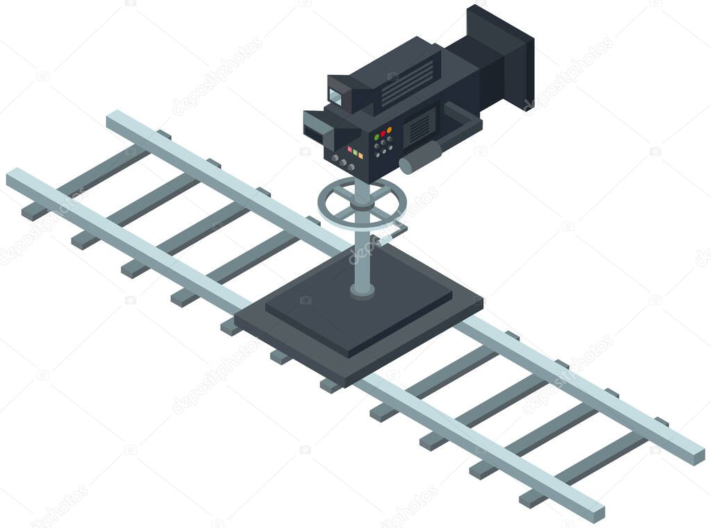 Process of filming in pavilion. Movie creation equipment for shooting video in film studio. Professional camera on rails for moving around set. Camera for cinematography vector illustration