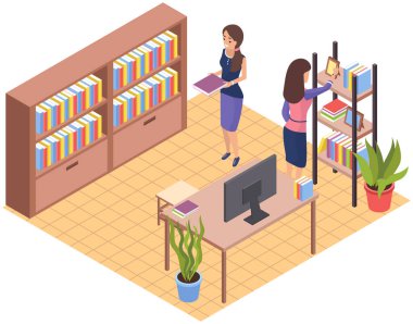 Kütüphane ikonu kitaplığında kitap alan bir öğrenci. Kitapçının yanında elinde kitaplarla duran bir kadın.