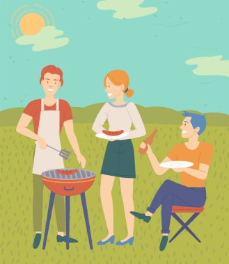 İnsanlar barbekü yapıyor, yemek pişiriyor. Kadın ve erkek piknik ve barbekü için biftek hazırlıyorlar.