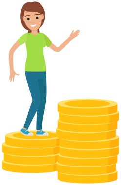 Finans dünyasının yanında dans eden kadın karakter, bir yığın altın para. Pozitif kadın zenginlikten zevk alır.