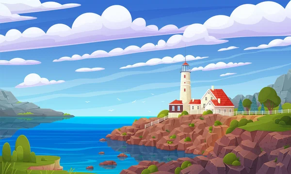 Beautiful scenic landscape, nature scenery with beacon and river. View of seacoast with lighthouse —  Vetores de Stock
