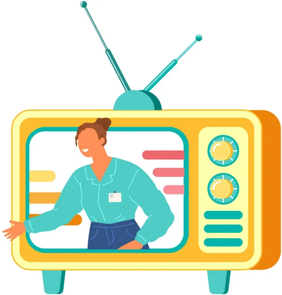 Television studio with happy smiling woman reporter broadcasting news. Female presenter on TV screen — Stock Vector