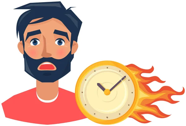 Upset man portrait near burning clock. Scared person before deadline. Shocked face expression of man — Stockvektor