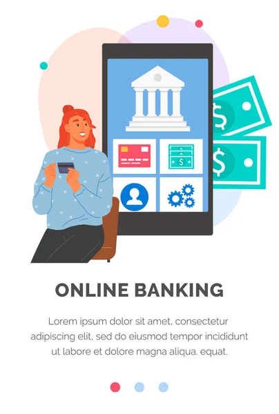 Online banking application on phone screen. Woman uses program for virtual money transactions — Vetor de Stock