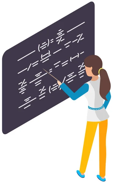 School teacher, educational worker standing beside chalkboard, giving lecture. Instructor in class — Vettoriale Stock