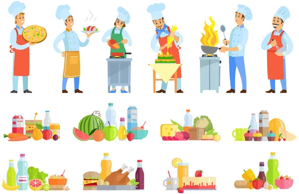 Conjunto de chefs creando comida de restaurante. Las personas fríen con sartén, cortan verduras, agregan ingredientes al plato — Vector de stock