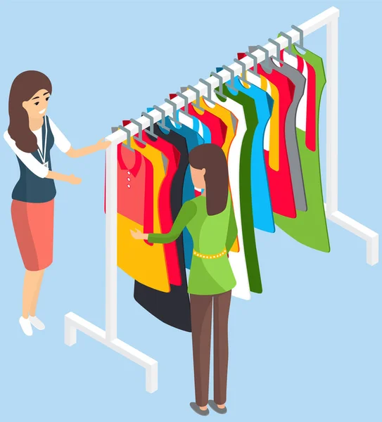 Femme debout devant les cintres et choisir sa tenue. Shopping fille dans magasin de vêtements, boutique — Image vectorielle