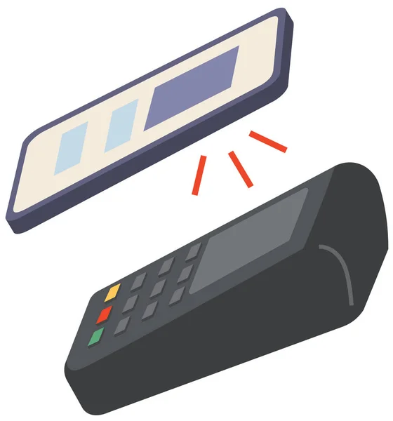 Paying by credit card using POS terminal and smartphone. Cashless payment with digital banking app — Archivo Imágenes Vectoriales