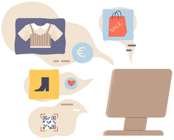 Program or website for buying goods in internet store. Computer and online shopping icons —  Vetores de Stock