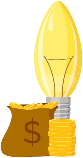 Light bulb next to money bag with gold coins. Innovation product, creative idea for capital increase — Archivo Imágenes Vectoriales