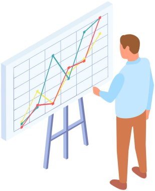 Analitik bilgi ve geliştirme istatistikleri. Web analiz ölçümü, ürün test teknolojisi. Adam gösterge panelinin optimizasyonunu, dijital raporunu analiz ediyor. Diyagramda istatistiksel göstergeler ve veriler