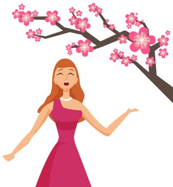 Kırmızı elbiseli genç bir kadın, beyaza izole edilmiş kirazlı sakura çiçekleriyle parkta yürüyor. Kız baharda sevinir ve neşeli bir şarkı söyler. Bahçede sakura çiçeklerinin açtığı harika havanın tadını çıkarır.