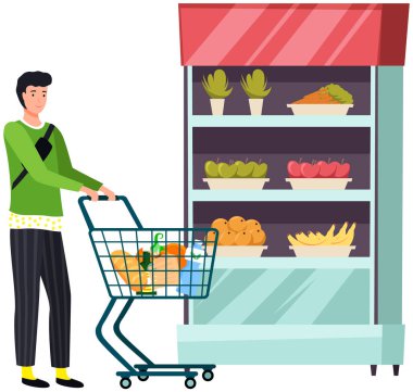 Süpermarket, raflarında yiyecek olan bakkal. Satış, gıda mağazasında indirim. Alışveriş merkezinde market alışverişi yapıyor. İnsanlar satın alır, ürün seçer, süpermarket vektör illüstrasyonundan ürünler alırlar.