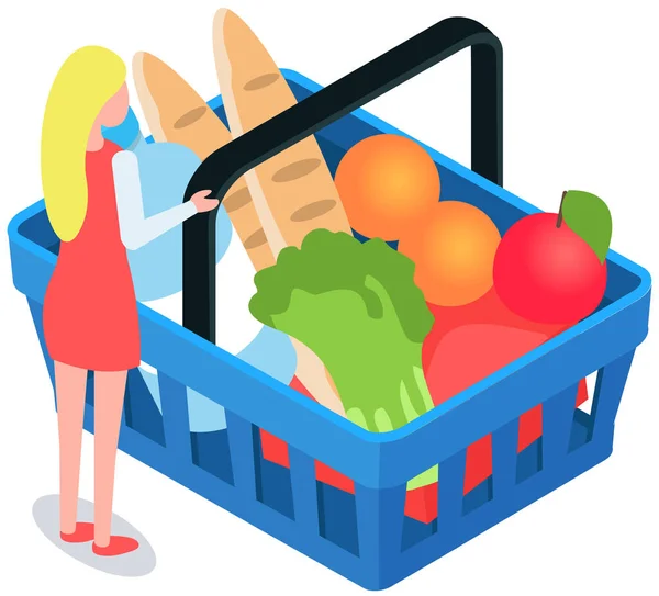 Grocery Shopping Cart White Full Supermarket Food Basket Vector Illustration — стоковый вектор