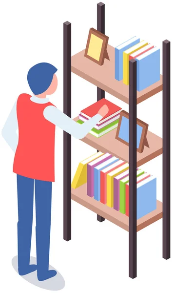 Student Taking Book Library Vector Icon Bookcase Male Person Study — Stock Vector