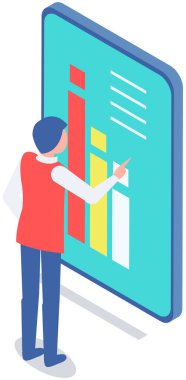Analitik bilgi ve geliştirme istatistikleri. Web analiz ölçümü, ürün test teknolojisi. Adam gösterge panelinin optimizasyonunu, dijital raporunu analiz ediyor. Diyagramda istatistiksel göstergeler ve veriler