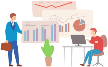 Müdür istatistiksel rapor analiz çizelgelerinin sunumunu yapıyor. Planlama işi. Proje yönetimi, mali raporlama ve strateji için takım çalışması danışmanlığı. Veri analizi araştırma istatistikleri