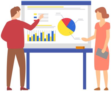 Müdür istatistiksel rapor analiz çizelgelerinin sunumunu yapıyor. Planlama işi. Proje yönetimi, mali raporlama ve strateji için takım çalışması danışmanlığı. Veri analizi araştırma istatistikleri