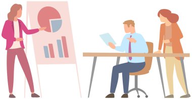 Müdür istatistiksel rapor analiz çizelgelerinin sunumunu yapıyor. Planlama işi. Proje yönetimi, mali raporlama ve strateji için takım çalışması danışmanlığı. Veri analizi araştırma istatistikleri