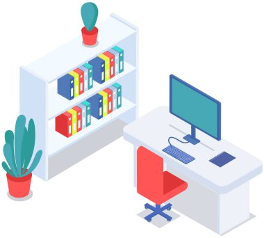 Modern işyeri düz tasarımı. Ofis koltuğu ve ofis masası. İçi rahat oda kitaplarıyla dolu. Çalışanların ya da ofis çalışanlarının iş yerlerinin mobilya ve ekipmanları, vektör iç çalışma alanı