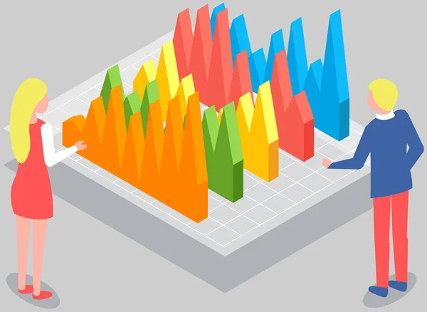 Podnikatelé Komunikující Kanceláři Diskutují Statistice Analyzují Různé Grafy Grafy Koncept — Stockový vektor