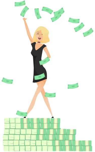 Woman Showing Lot Money Cash Falling Background Happy Girl Stands — Stock Vector