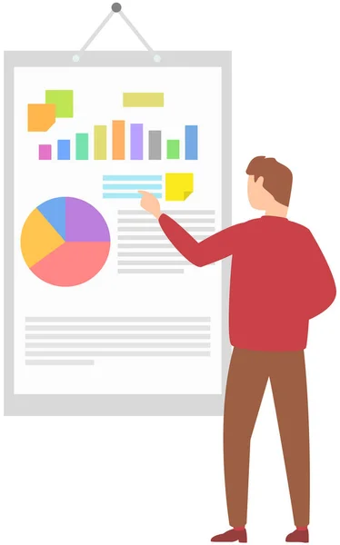 Hombre Pie Junto Rotafolio Con Diagrama Tablero Presentación Con Datos — Vector de stock